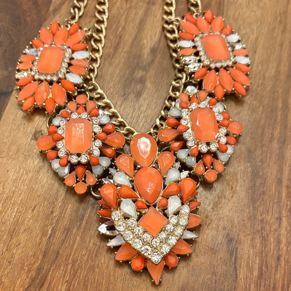 Coral Orange & Gold Statement Bib Necklace Coastal Boho